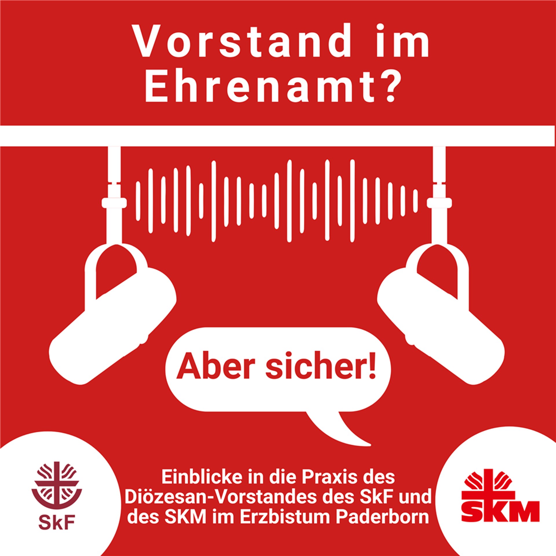 Symbolbild auf rotem Grund: Die Umrisse zweier Mikrophone verbunden durch Schallwellen. Schriftzug: Vorstand im Ehrenamt? Aber sicher! Einblicke in die Praxis des Diözesan-Vorstandes des SkF und des SKM im Erzbistum Paderborn. 