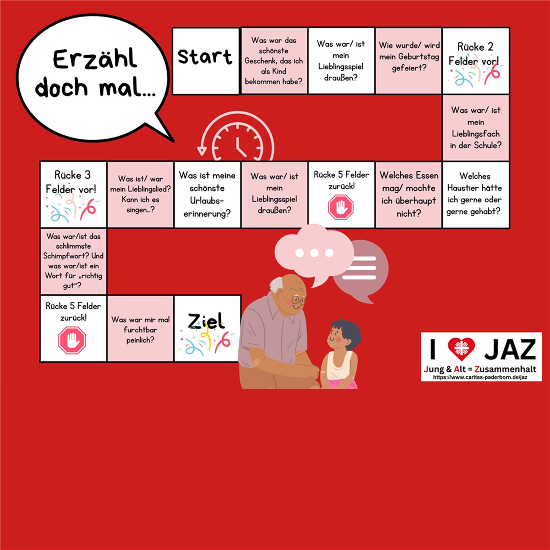 Würfelspiel: Erzähl doch mal... Jedes Feld vom Start bis zum Ziel ist mit einer Frage versehen. 