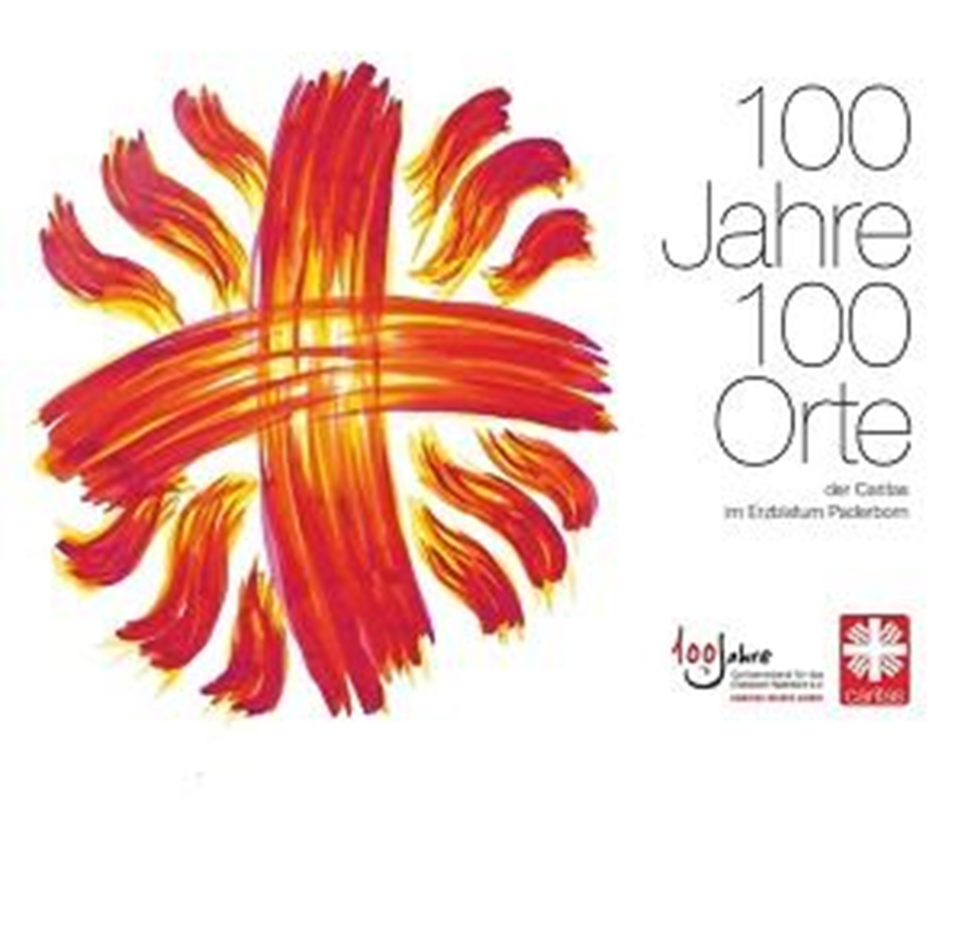 Titelbild Jubiläumsbuch: gemaltes Flammkreuz mit Schriftzug: 100 Jahre - 100 Orte