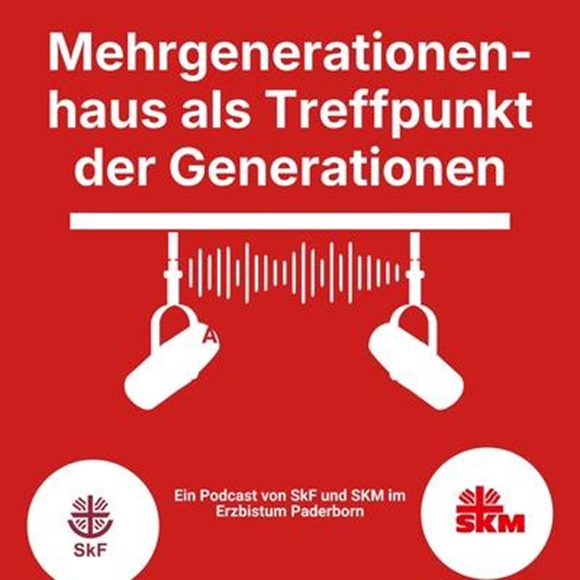 Rotes Podcast-Logo mit dem Schriftzug "Das Mehrgenerationenhaus B3 als Treffpunkt der Generationen"
