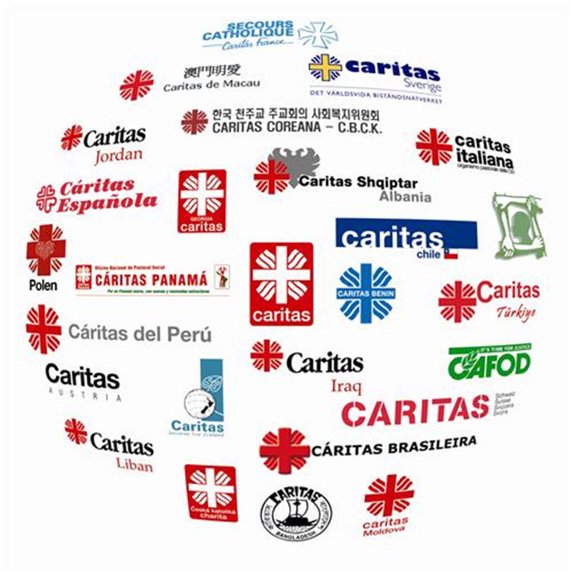 Weltkugel - gestaltet aus den Logos unterschiedlicher Landes-Caritasverbande