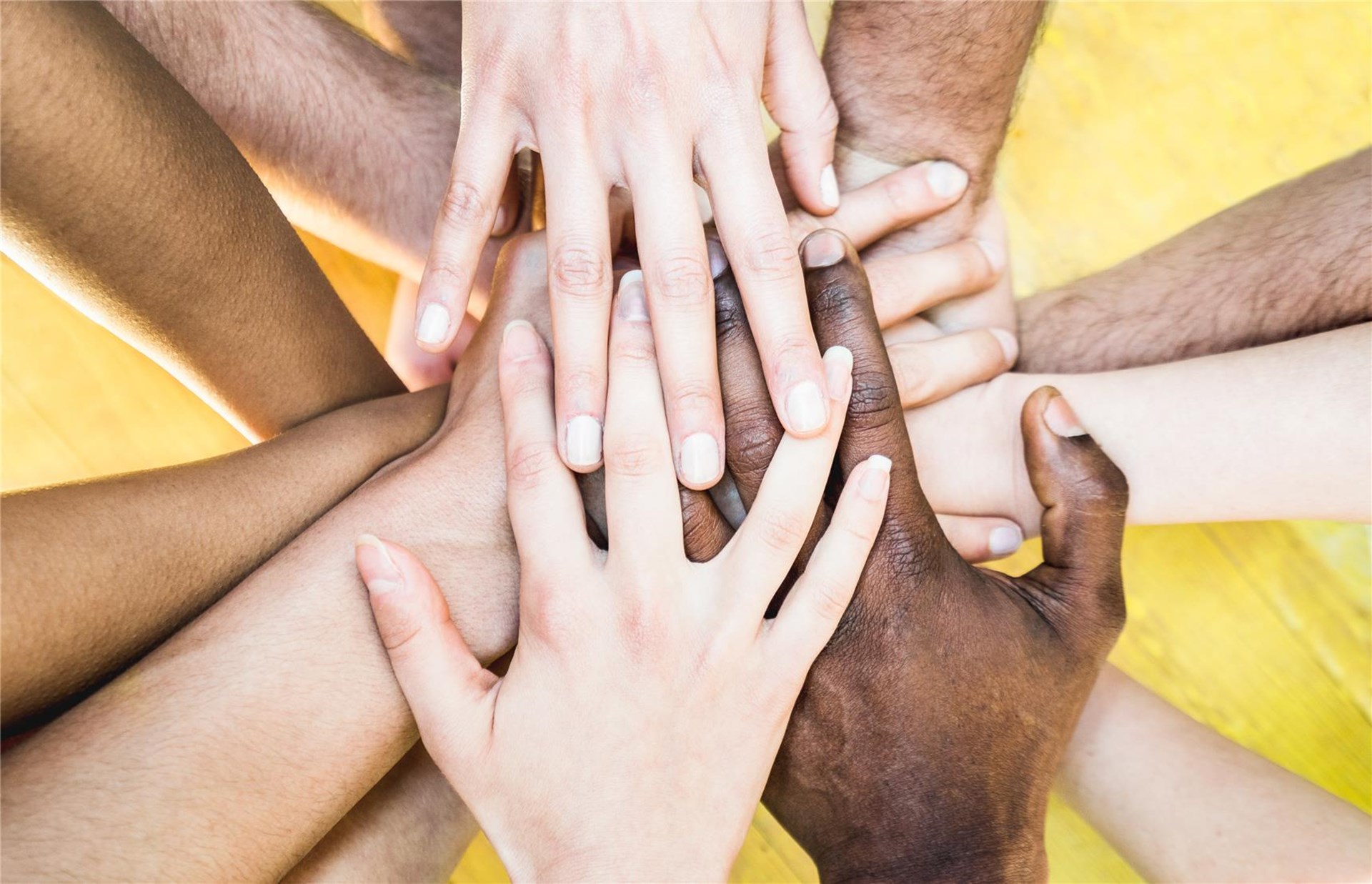 Motivbild Vielfalt: unterschiedlich farbige Arme und Hände treffen sich in der Mitte