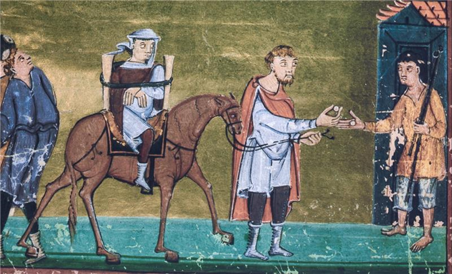 Reichenauer Evangelistar: Miniatur zum Gleichnis vom barmherzigen Samariter, Reichenau, um 1020, Ausschnitt.