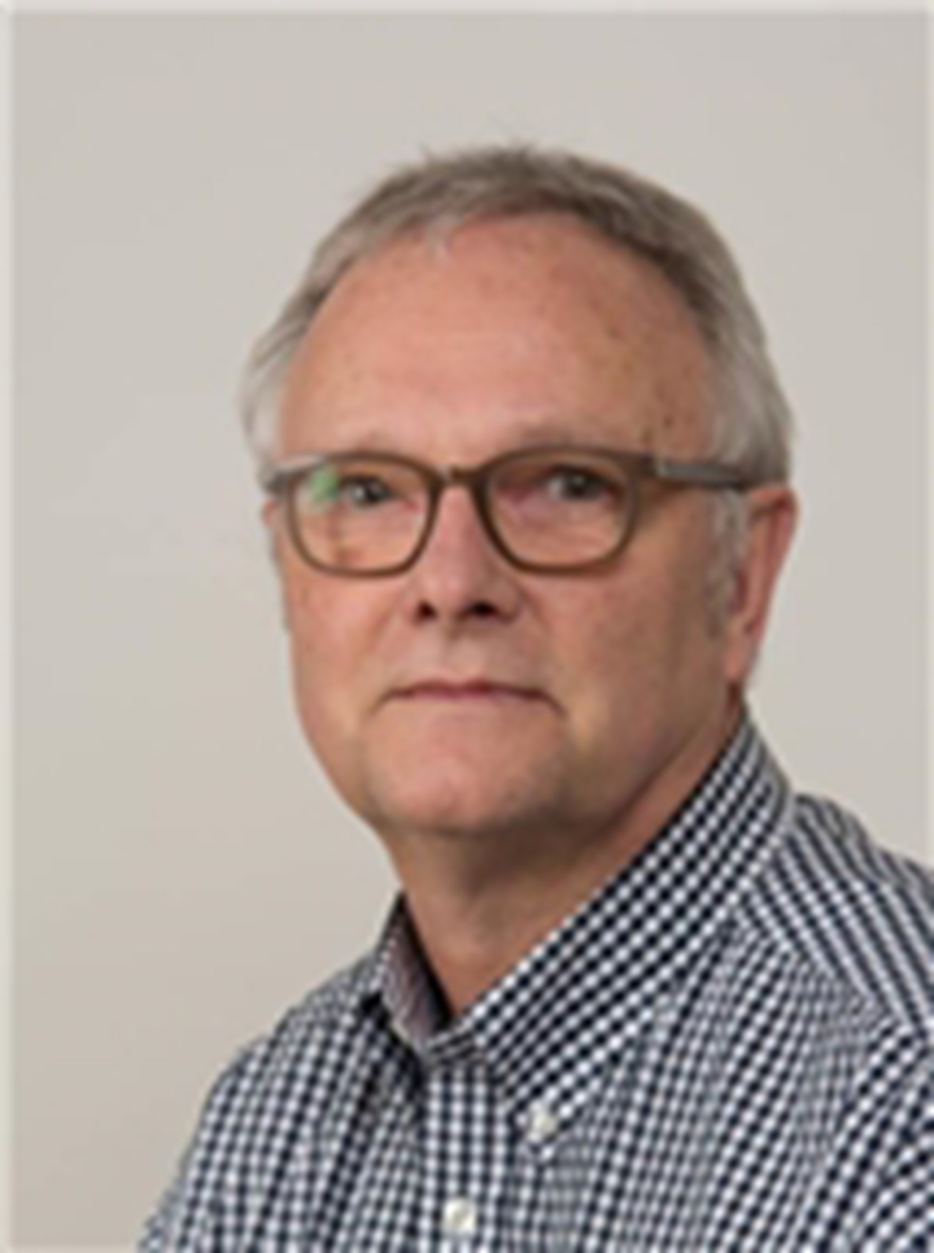 Sanft lächelnder Mann mit grauen Haaren und Brille, der ein blau-weiß-kariertes Hemd trägt